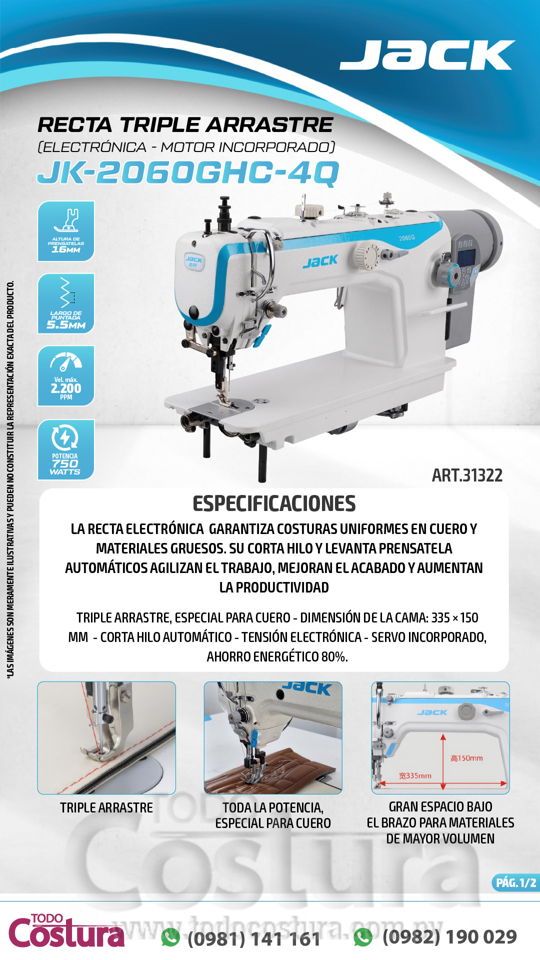 RECTA TRIPLE ARRASTRE (ELECTRONICA) JACK JK-2060GHC-4Q (MOTOR INCORPORADO)